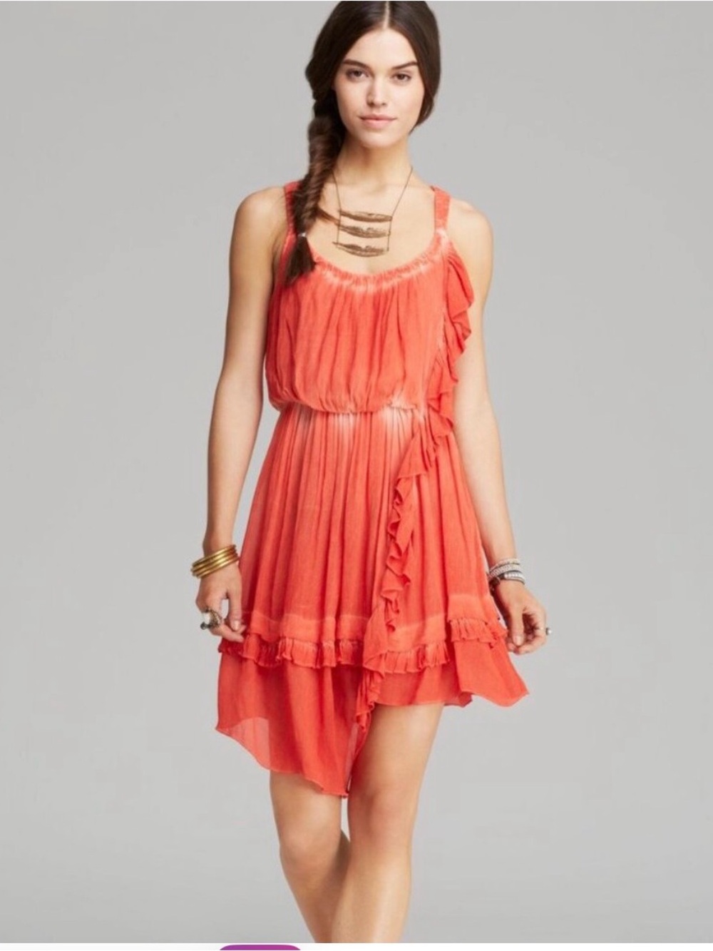 Free People Coral Asymmetrical Ruffle Chiffon Mini Dress Boho Festival Western M